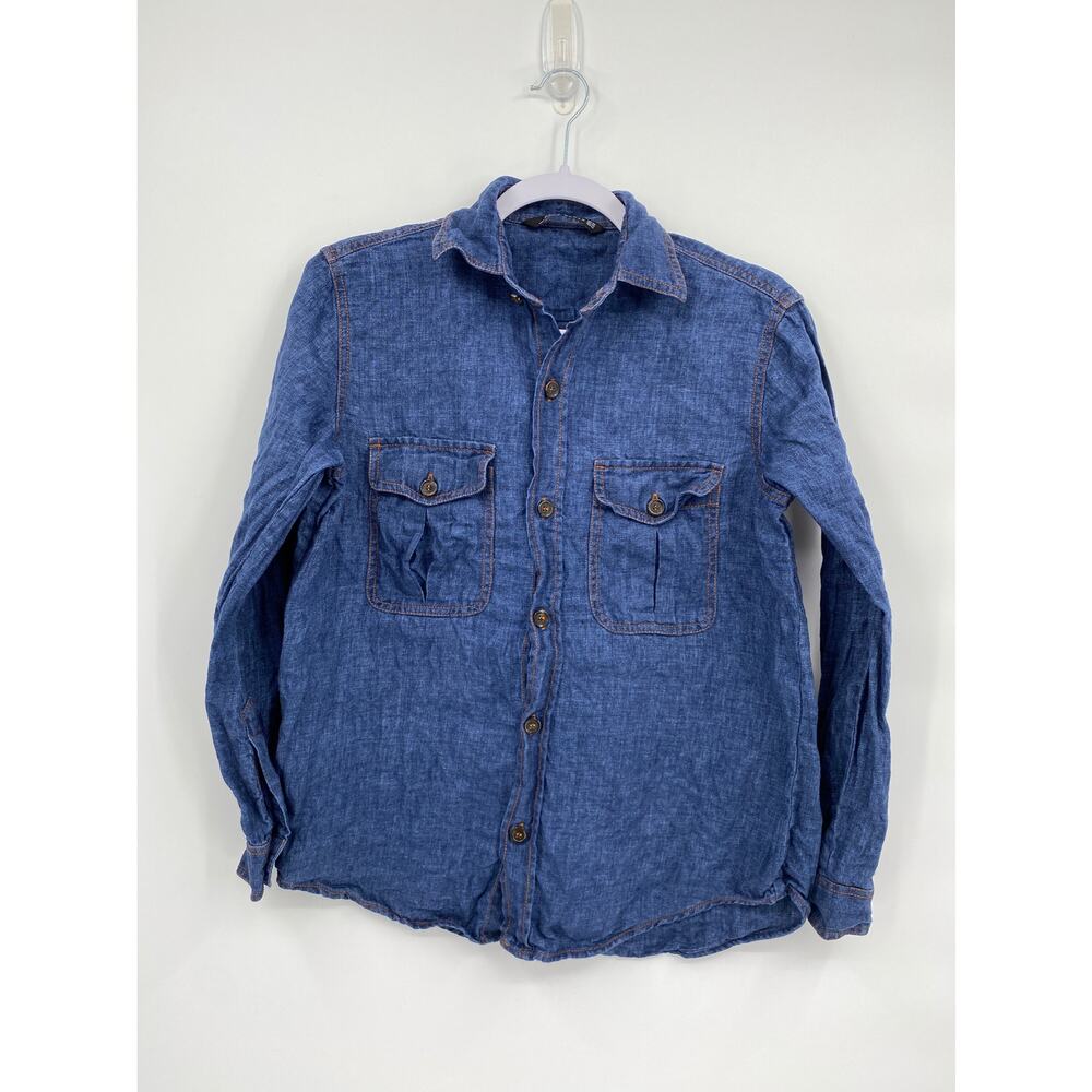 Zara Woman Linen Button Front Long Sleeve Top Blue Size XS